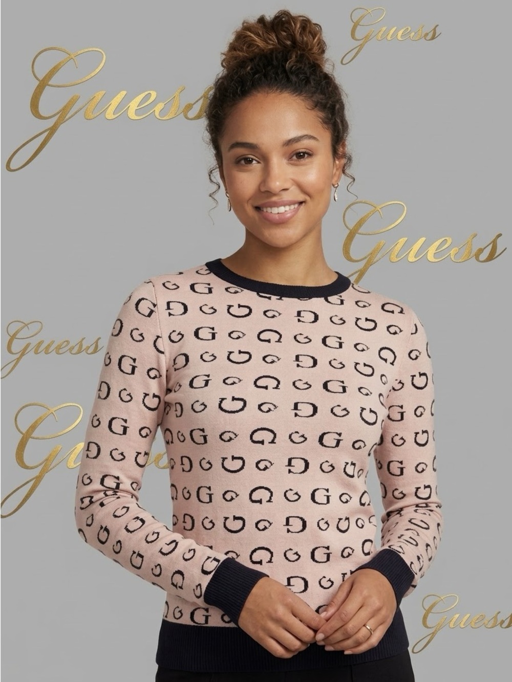 GUESS Vintage Monogram Logo Knit Sweater Pink Navy Small